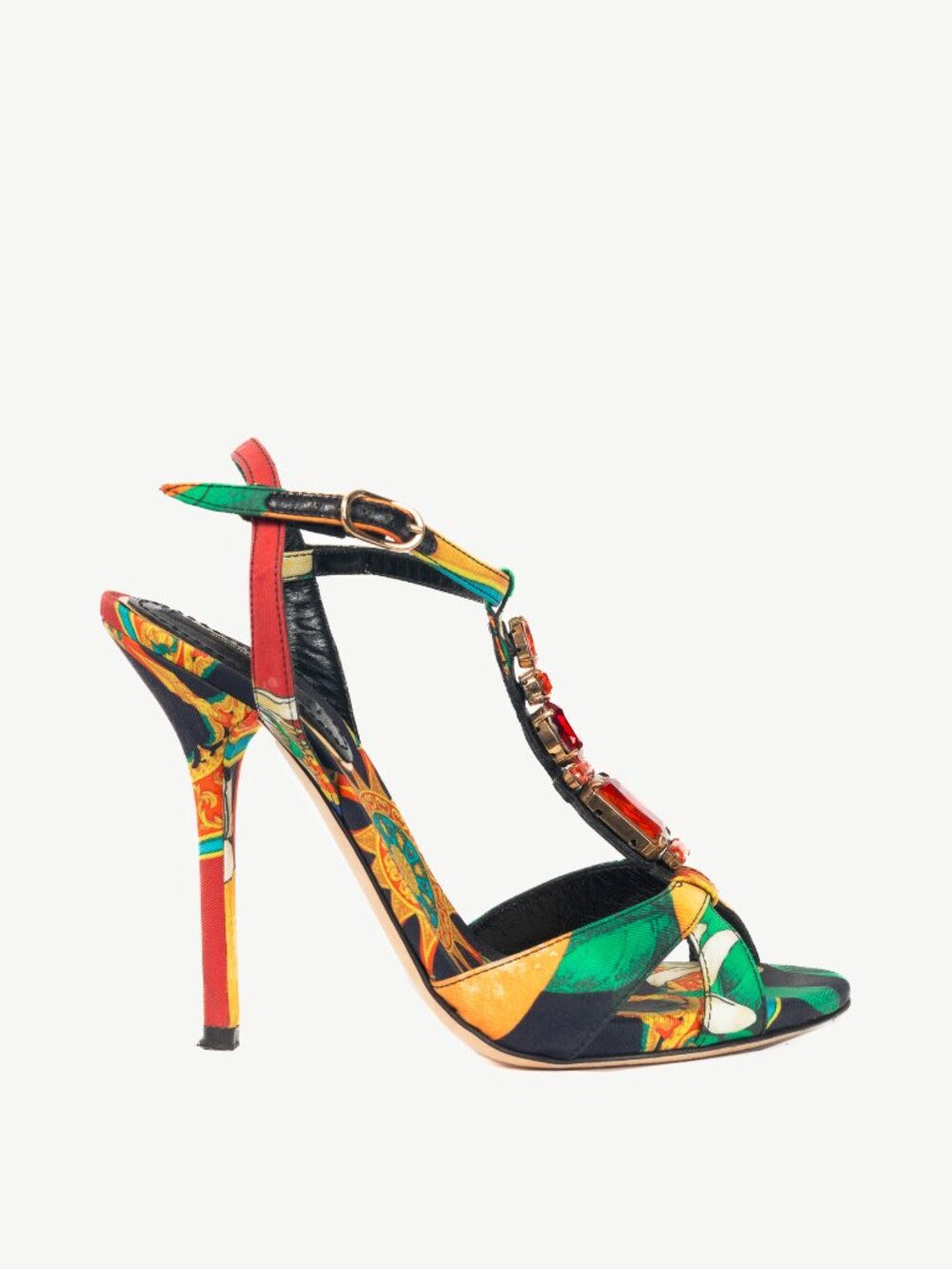 Dolce & Gabbana SS13 Multi-Print Silk Embellished T-Strap Sandals